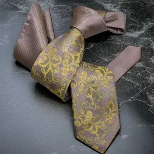 DMITRY 7-Fold Men's Gold (2 in 1) Patterned Italian Silk Tie & Pocket Square Set (Limited Edition)