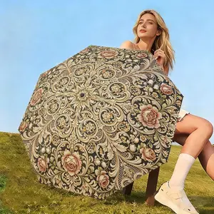 Elegant Victorian Vine Print Umbrella, 8-Rib Folding Design, Lightweight & Durable, UV Protection, Ideal for Daily Commute