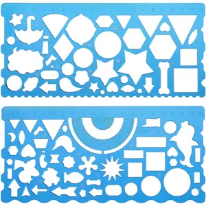 2 Pcs Geometric Drawings Templates, Multi-Shaped Drafting Stencils, Plastic Measuring Templates Rulers Clear Drawing Triangle Tool Protractor Set for Studying Designing Office Blue