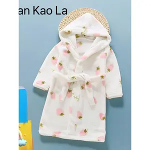 Girls' White Hooded Strawberry Bathrobe Robe with Plush Hood & Belt - Pink Strawberry & Leaf Print All-Season Doll, Cozy Kimono for Party Outfit, Hand Washable Loose-Fit Children's Pajamas