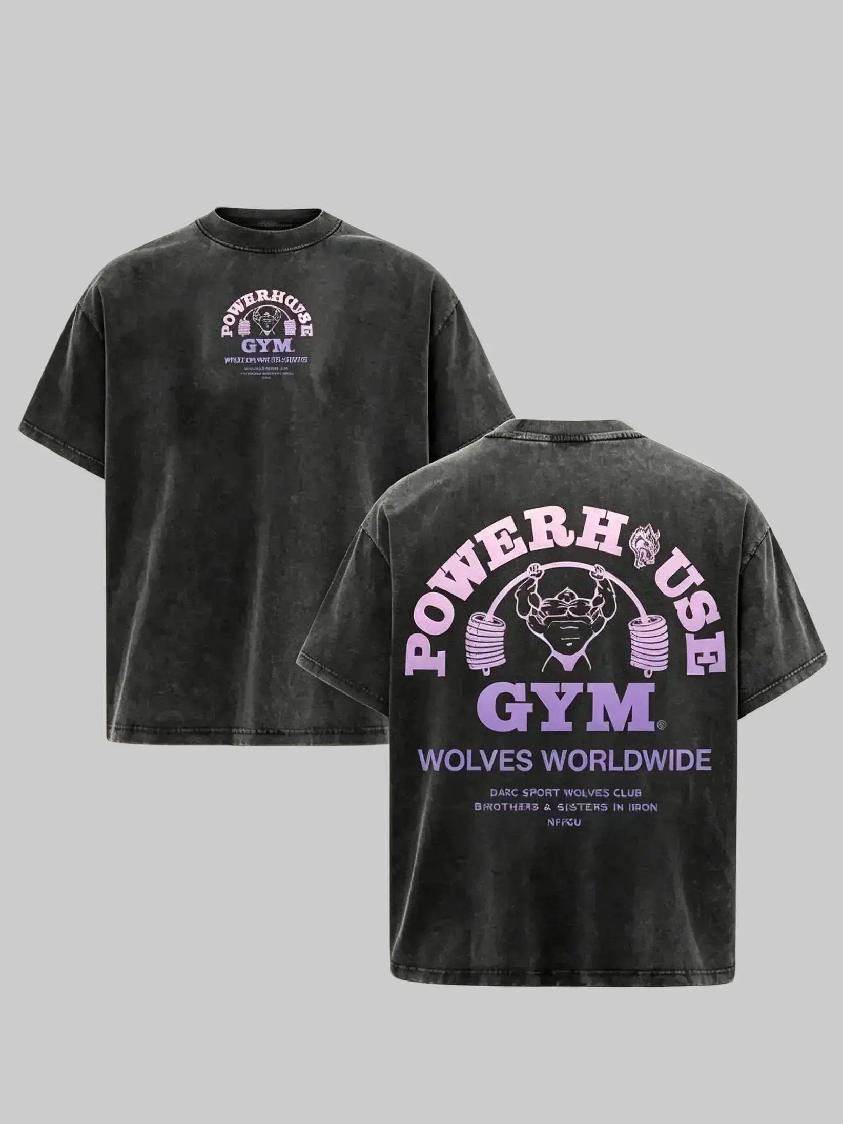 [NB]Unisex Vintage Washed Heavy Cotton Oversized Graphic T-Shirt - Powerhouse Gym Wolves Worldwide Design, Menswear Top, Bodybuilding Fitness Pump Cover, Retro Athletic Streetwear, Casual Summer Apparel Gift for Men Women funny Tshirt Crewneck Tropical