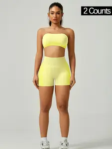 Women's Solid Cross Back Bandeau Top & High Waist Shorts Sports Set, Sporty Casual Breathable Comfortable Two-piece Outfits for Yoga Gym Workout Running, Ladies Spring Sportswear, Workout Running Clothes