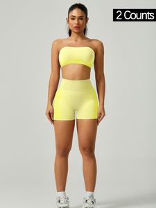 women's solid cross back bandeau top & high waist shorts sports set, sporty casual breathable comfortable athletic two-piece outfits for yoga gym workout running, ladies spring sportswear, gym clothes women