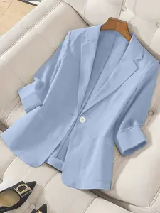 Solid color texture seven quarter sleeve suit jacket for women, available in multiple colors, with a single button waist cinched casual jacket for commuting, slim and versatile top