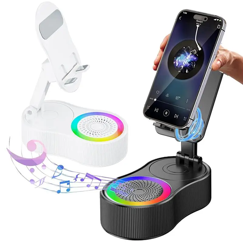 Wireless InductionAudio Bluetooth Speaker 5in1 Phone Holder Emergency Rechargeable (3000mAh) with Colorful Ambient Light 300° Foldable for Tablet iPh