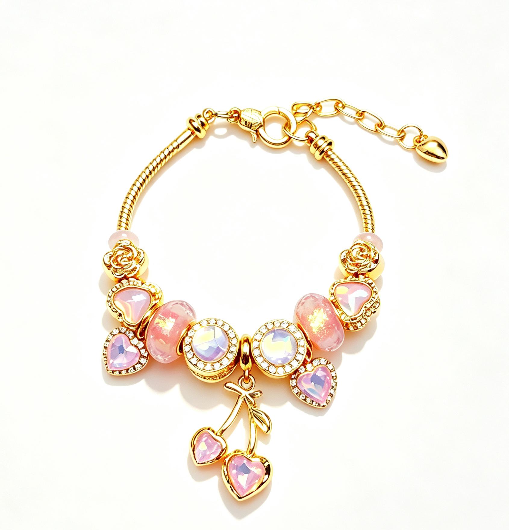 Romantic Pink Heart Charm Bracelet for Women, Elegant Adjustable Bracelet with Sparkling Heart Gemstones, Sweet Jewelry Gift