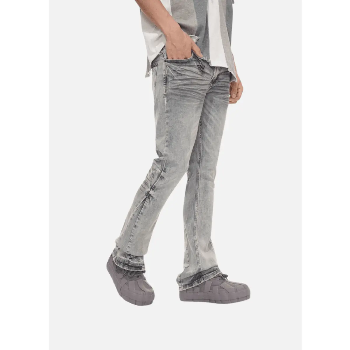 Men's Stacked Flare Jeans - Menswear, Soft Light Blue Washed Denim, Smooth Fading, Natural Stacking Streetwear, Whiskering, Zip Fly, Pants, Clean Finish, Denim Fabric, Slim Upper Leg, Subtle Whiskers, Jeans Pants