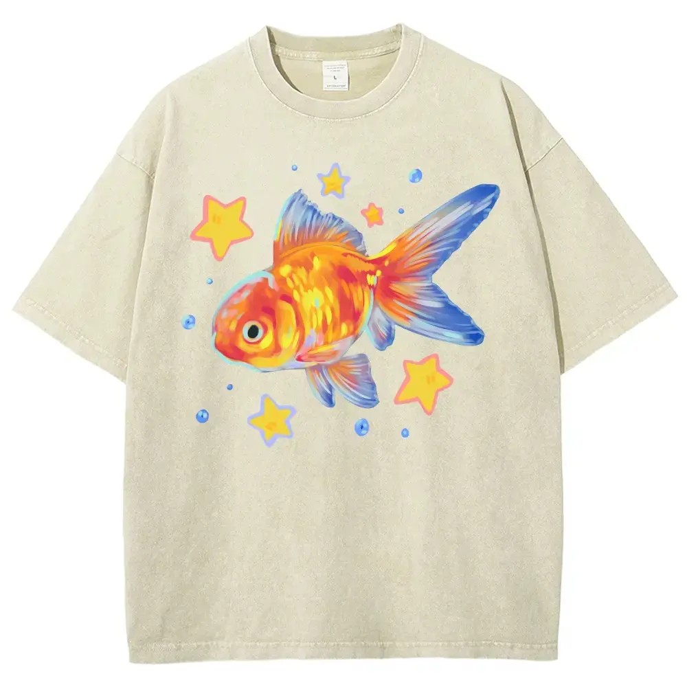 Vintage Acid Wash Goldfish Graphic Tee Colorful Star Fish Retro T-Shirt Y2K Aesthetic Streetwear Oversized Cotton Top Fairycore Indie Clothing Cute Animal Lover Gifts Cozy Casual Summer Shirt Trending TikTok Fashion Unisex Ocean Life Apparel Graphic Tees