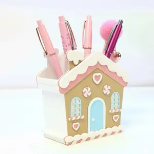 Gingerbread House Pen Holder Cute Christmas Desk Organizer Kawaii Pink Candy Theme with Heart and Candy Accents