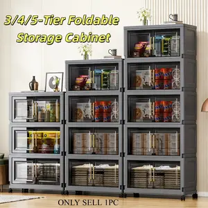 3/4/5-tier folding, installation-free, double-door transparent plastic snack and clothing storage cabinet, floor-standing multi-tier household storage cabinet, stackable living room and bedroom folding snack storage and organization cabinet
