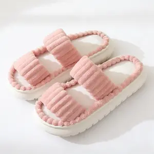 Women's Plush Winter Slippers with Two Strap Cozy Open-Toe House Soft Double-strap Furry Flat Shoes Comfortable Warm Home Floor Slippers for Indoor Outdoor Use