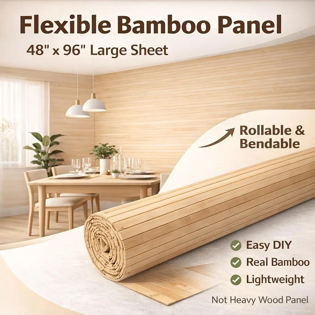 Natural Bamboo Wall Panel for Interior Wall Decor, 48 X 96 Inch Pole Wrap Wainscoting Paneling for Wall Ceiling Furniture Cabinet Office, Carbonized