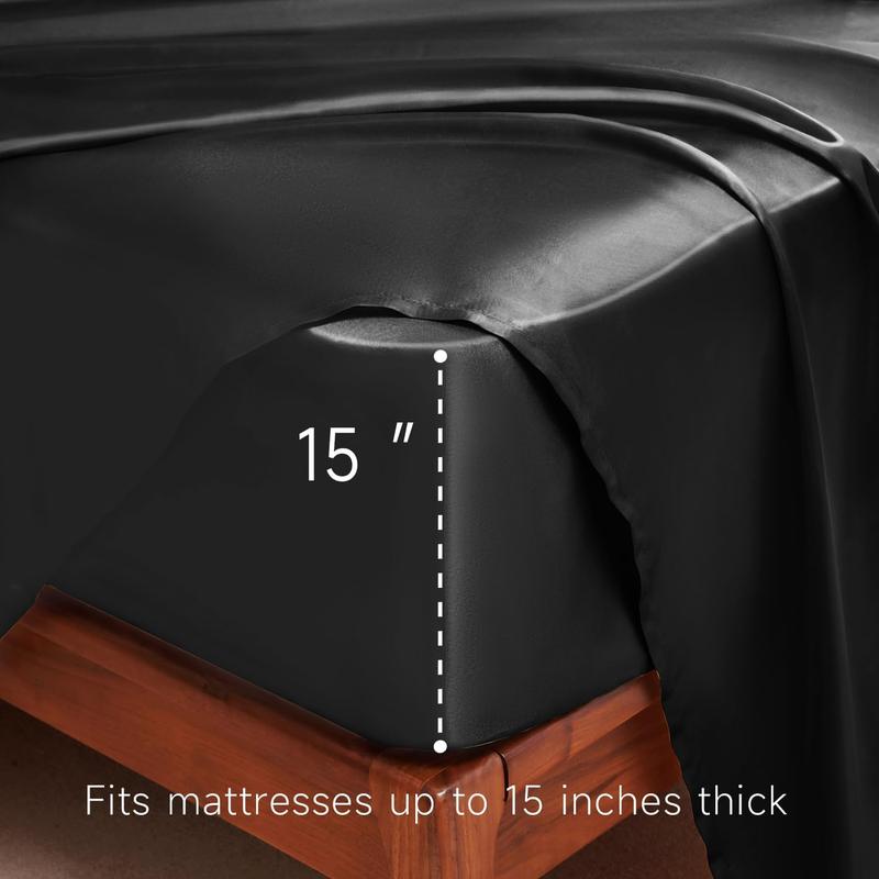 Sheets Full Size - 4 Pieces Luxury Soft Bed Sheets, Wrinkle-Free Black Silk Sheet Set with 1 Deep Fitted Sheet, 1 Flat Sheet, 2 Pillow Cases