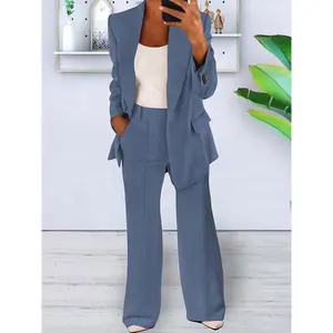 Two-Piece Set Women's Solid Color Button Front Flap Detail Blazer & Pocket Suit Pants, Elegant Lapel Neck Long Sleeve Outerwear & Trousers for Work Office Business, Ladies Spring & Fall Clothes