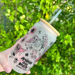 16 oz glass cup KG with straw
