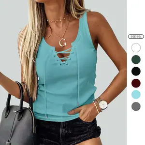 Imily Bela Womens Sexy V Neck Tank Shirts Top Sleeveless Casual Basic Drawstring Rib Knit Tops
