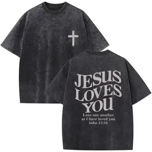 Jesus Loves You Oversized Christian T Shirt Unisex Vintage Acid Wash Jesus Cross Graphic Tee Soft Casual Tops for Everyday Wear Street Style and Religious Gathering Outfits