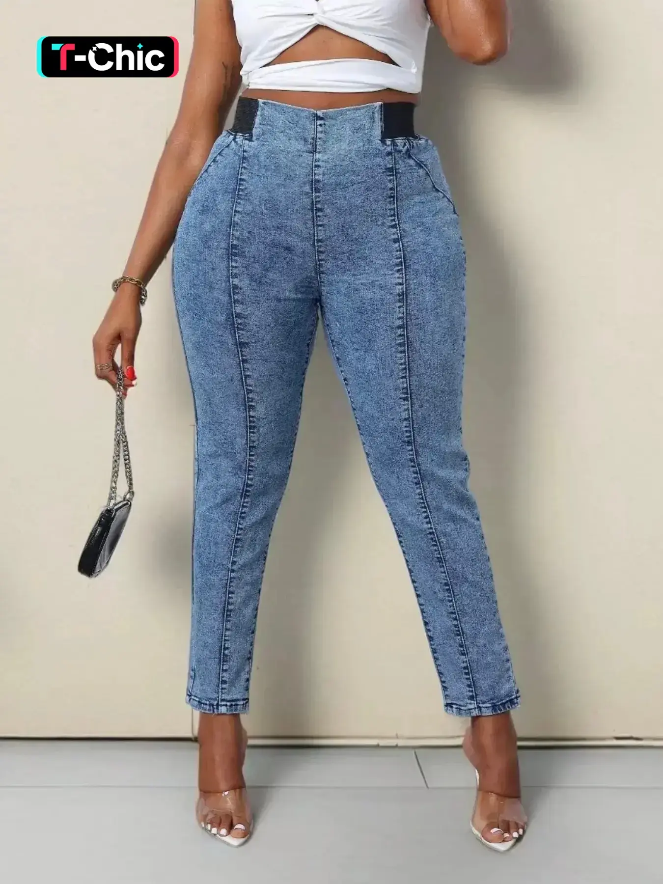 【Plus Size】 Solid High Waist Skinny Jeans, Casual Pocket Design Denim Trousers for Daily Wear, Women's Bottoms for Summer, Denim Clothing