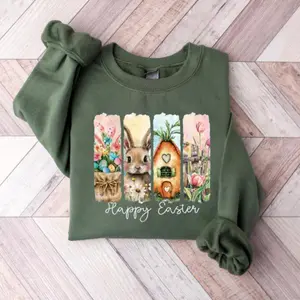 Happy Easter Sweatshirt/Hoodie/T-Shirt, Watercolor Bunny and Spring Floral Shirt, Vintage Easter Collage Graphic Tee, Cute Rustic Farmhouse Easter Outfit Gift, For Men and For Women
