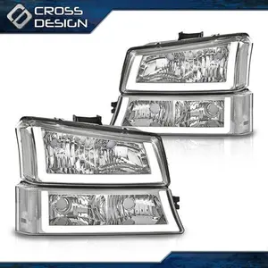 CROSSDESIGN 4PC FIT FOR 2003-2006 SILVERADO CHROME HOUSING CLEAR HEADLIGHT LAMP WITH LED DRL