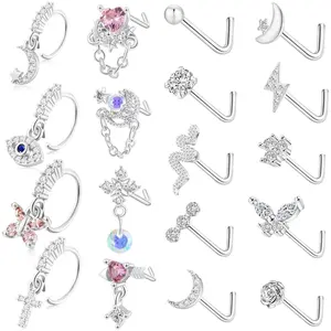 18Pcs 20G Dangle Nose Rings for Women - Cute Flower Butterfly Heart Evil Eye Designs in Surgical Steel Stylish Opal CZ Piercing Jewelry Body Chain