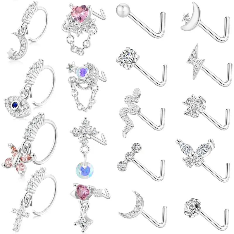 MILAKA Women's 18-Piece 20G Surgical Steel Nose Jewelry - 7mm Bar Length, 8 Dangle Rings (8mm Inner Diameter), Flower/Heart/Eye Designs with Opal Cubic Zirconia, for Small Nose Piercings, Christmas