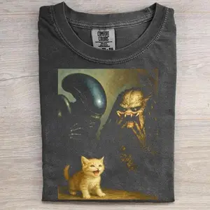 Alien Predator Kitten T-Shirt, Funny Movie Meme Tee,  y2k aesthetic, weird cat art, humor gift for him, alien vs predator, funny cat meme, kitten parody tee, sci-fi movie shirt, renaissance painting, funny pet shirt, orange tabby cat, xenomorph