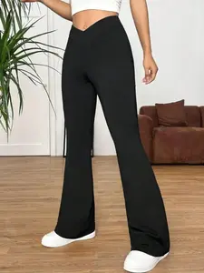 Women's Plain Fitted High Waist Flare Leg Pants, Comfy V-cut Waist Bell Bottom Trousers, Casual Streetwear Trousers for Daily Outdoor Wear, Lady Clothing for All Seasons, Please Purchase One Size Smaller, Womenswear
