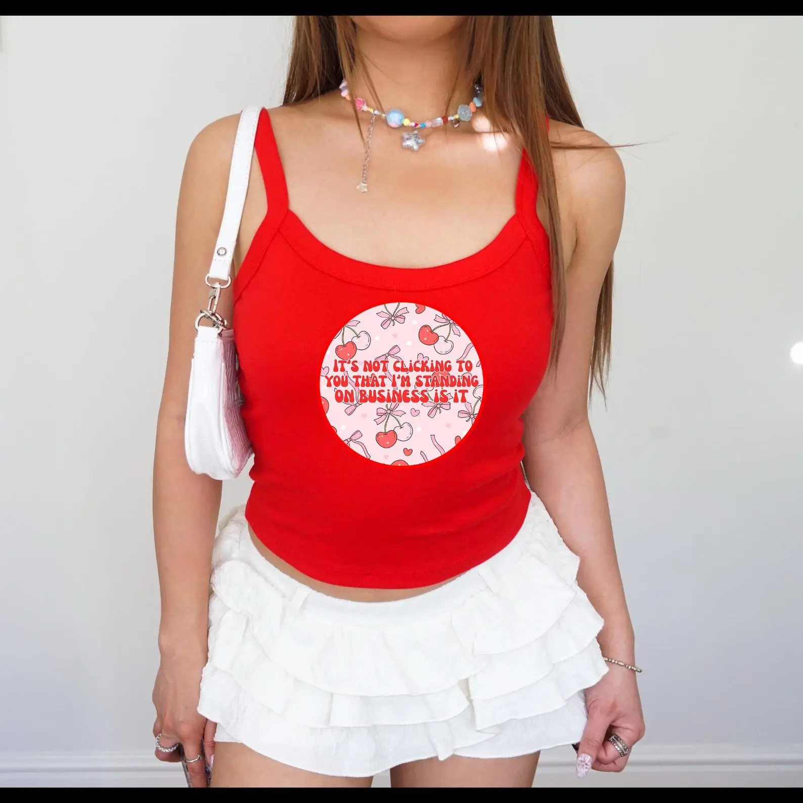 Cherry Graphic Tank Top, Cute Y2K Spaghetti Strap Crop, Pink