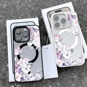 GlamCase Crystal Clear MagSafe Phone Case for iPhone  17 Pro Max Plus Air/16/15/14/13/12/11Pro Women's Purple Flowers TPU Anti-Yellowing Military-Grade Drop Proof Local Smartphone e4