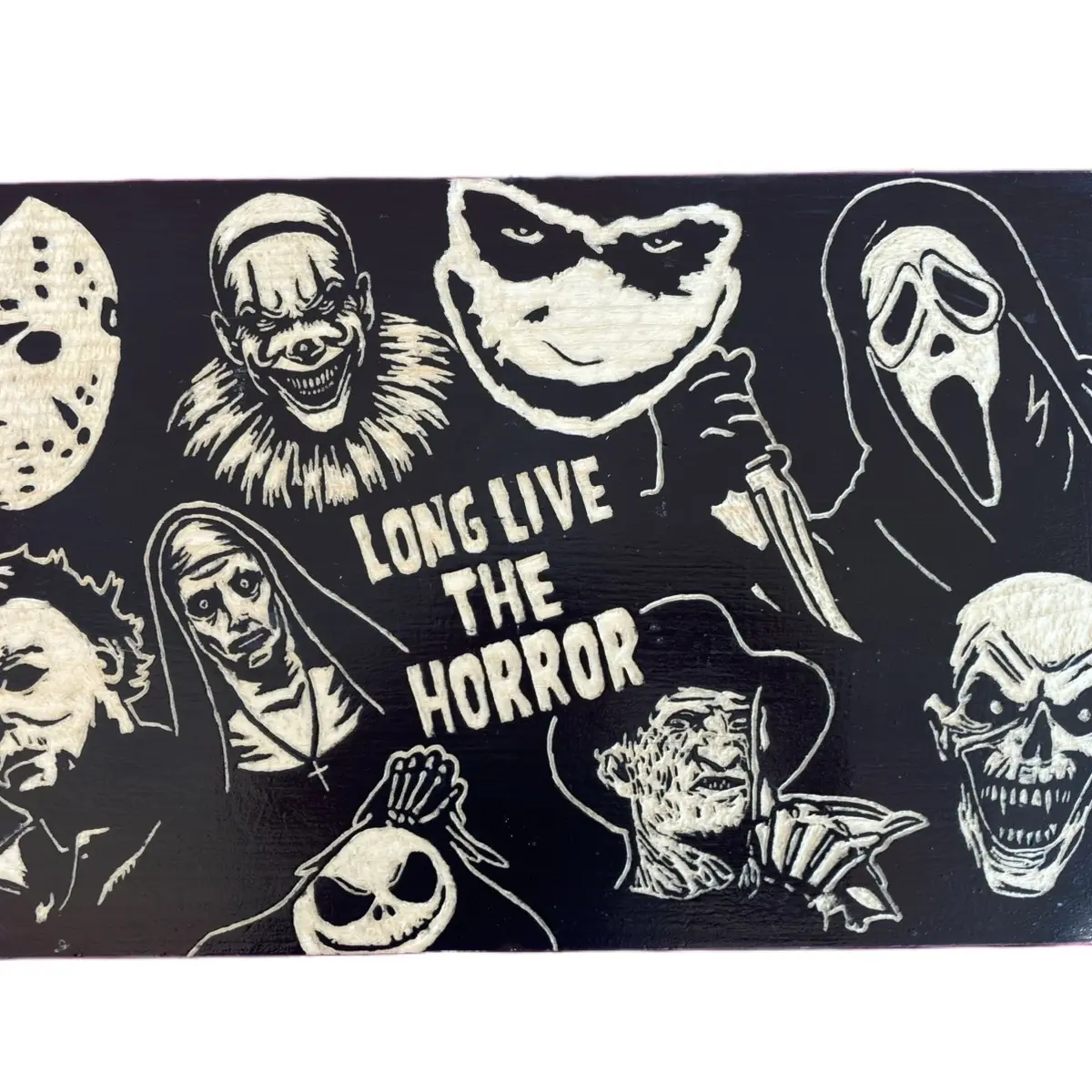 Hand Carved Horror Sign Featuring Horror All Stars - Pine Wood Stained Black - Hanging Decor Hangable