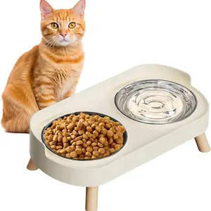 Elevated Cat Bowl, Raised Cat Feeding Food and Water Bowl Set for Indoor Cats, Splash Proof with 2 Stainless Steel Pet Food Bowls for Cats and Puppies, Whisker Fatigue and Dishwasher Safe, Easy to Wash, Multiple Color Options, Elevated Slow Feeder