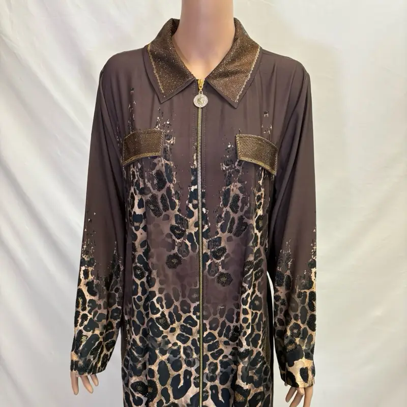Brown leopard print dress like abaya with pockets belt and rhinestones