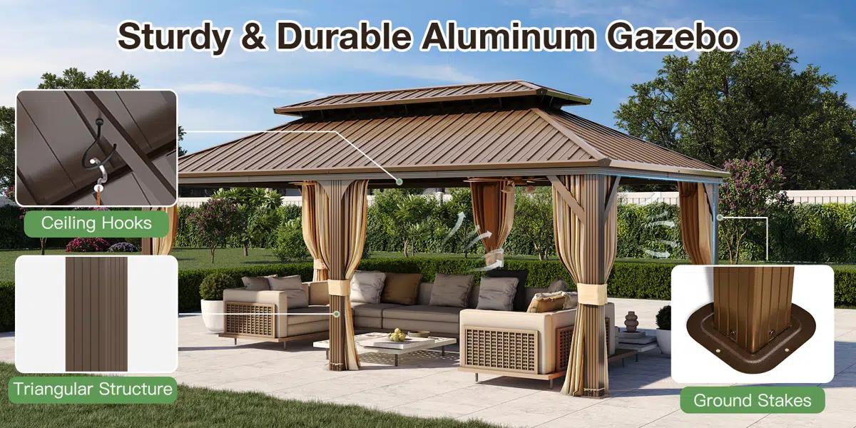 Jolydale Hardtop Gazebo, Outdoor Gazebo with Galvanized Steel Double Roof, Patio Gazebo with Breathable Netting & Privacy Curtain, Decor Hooks for Backyard, Brown,home decor,camping essentials