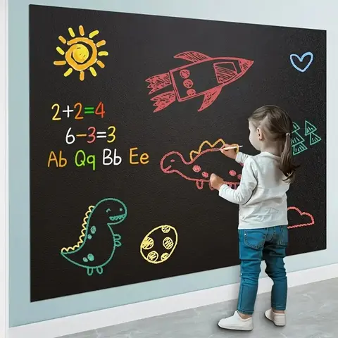 One Roll Removable & Cuttable 17.3inx78.7in Chalkboard Wallpaper One Roll of Self-adhesive Vinyl Removable Chalkboard Wallpaper, Five Colored Chalks, Durable Dry Erase Wallpaper Message Board, Writing Board for Office, School, Home