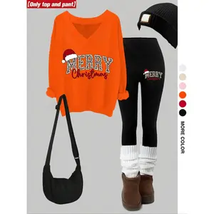 Women’s Christmas print V-neck long-sleeve hoodie set with fitted skinny pants, casual fall and winter wear, available in multiple colors, matching clothing set