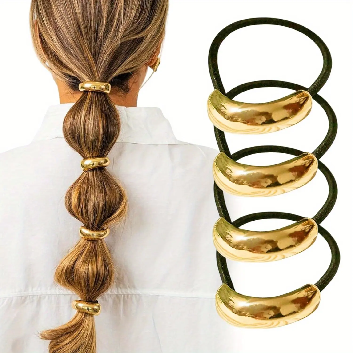 4pcs Gold Metal Hair Scrunchies for Women with Thick Hair, Geometric Pattern Elastic Hair Ties, Elegant Vintage Birthday Gift