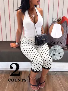 Women's 2-Piece Set, Polka Dot High-Waisted Seven-Eighths Pants + Halter V-Neck Top, Y2K Style, Spring & Fall, Casual, Sexy & Chic