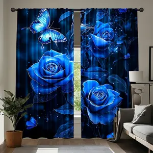 2-Piece set, blue charm semi-blackout curtains - 100% polyester, blue rose butterfly floral design, transparent rod pocket design, suitable for bedroom, living room, teen room home decoration, Window Curtain