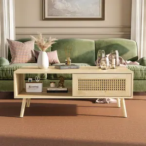 Garvee Rectangular Coffee Table With Storage Featuring Boho Rattan Sliding Door and Open Shelf, Dimensions 39.4" x 19.7" x 15.8", Ideal for Living Room, Apartment, and Small Spaces