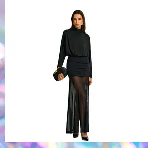 Commense Turtleneck Long Sleeve Drape Ruched Mesh Dress