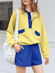 Fisoew Womens 2 Piece Outfits Sweatsuits Casual Snap Color Block Sweatshirts Running Shorts Sets Fall Loose Tracksuits Yoga Gym Activewear two piece set 2 piece sets 2 piece sets women matching sets for women comfort sweat set matching sets