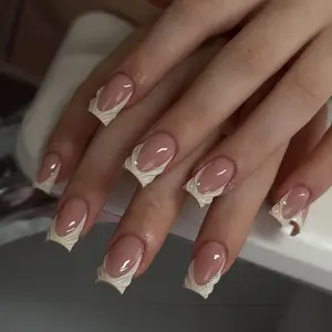 Short Square Fake Nail, 24pcs/set French Style Press on Nails with Nail File & Jelly Glue, Removable Full Cover Artificial Fake Nail French Tip Nails for Women & Girls