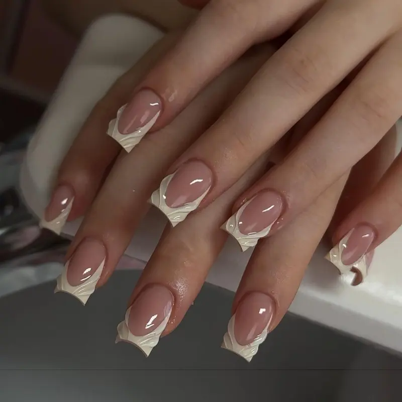 Short Square Fake Nail, 24pcs/set French Tip Kit French Style Press on Nails with Nail File & Jelly Glue, Removable Full Cover Artificial Fake Nail French Tip Nails for Women & Girls French Tips Nails