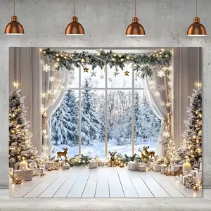 Winter Christmas Backdrop with Snowy Forest Window Xmas Tree Deer Rustic White Golden String Durable for Holiday Party Decorations Photo Background Twinkling No Banners Ornaments Needed