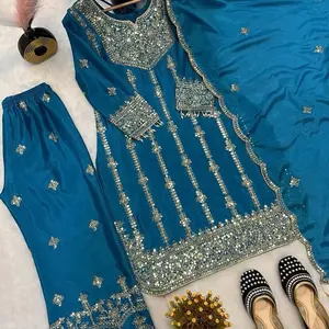 Faux gorgatte 3 piece suit with embroidery codding and sequence work