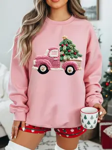 Printed Faux Yarn Pink Christmas Truck Sweatshirt , Retro Tree Pullover, Gift for Her, Unisex Cotton Top, Printed, Menswear, Womenswear