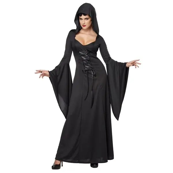 Women's Hooded Black Lace Up Robe Costume