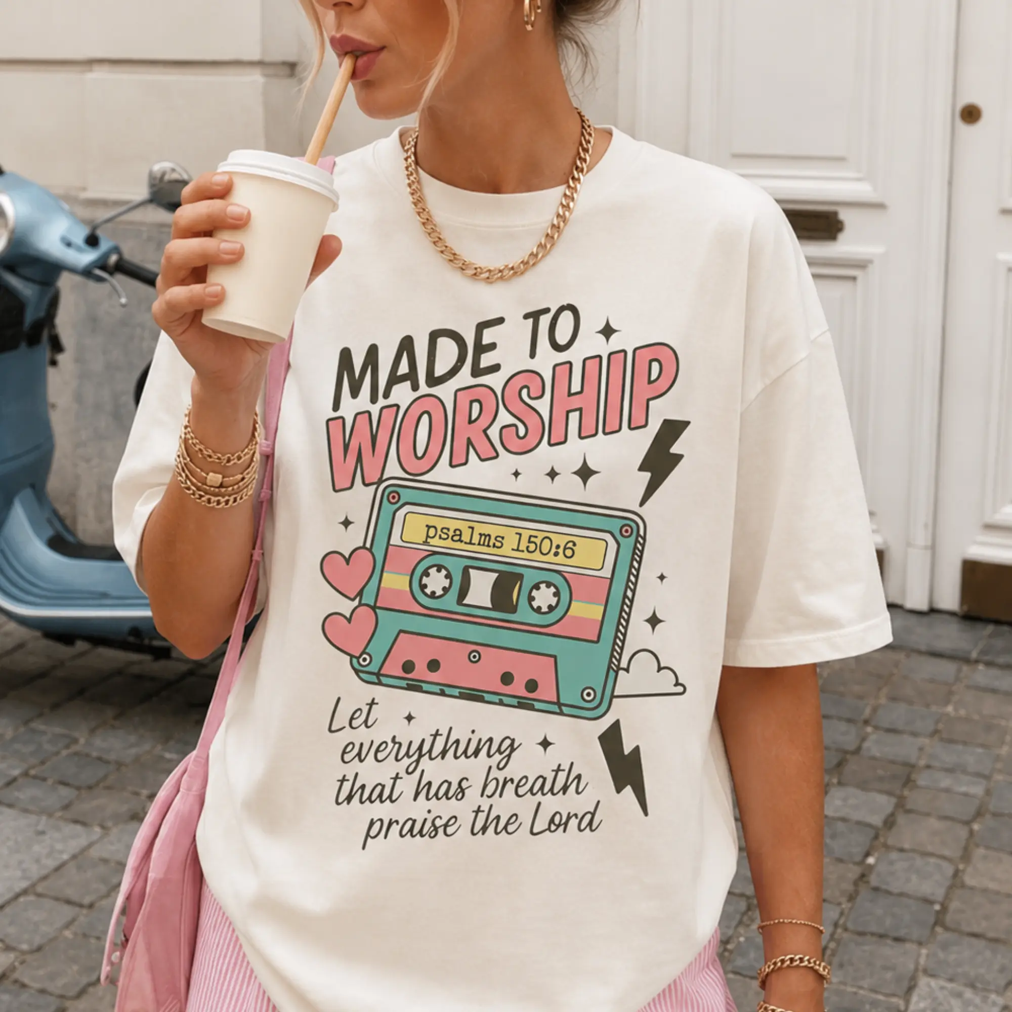 Women's Colorful Casual Fit Graphic T-Shirt - Comfort Colors, Psalm 150:6 Christian Retro Cassette Tape, Hearts Design