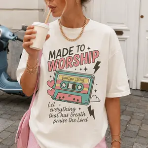 Women's Colorful Casual Fit Graphic T-Shirt - Comfort Colors, Psalm 150:6 Christian Retro Cassette Tape, Hearts Design